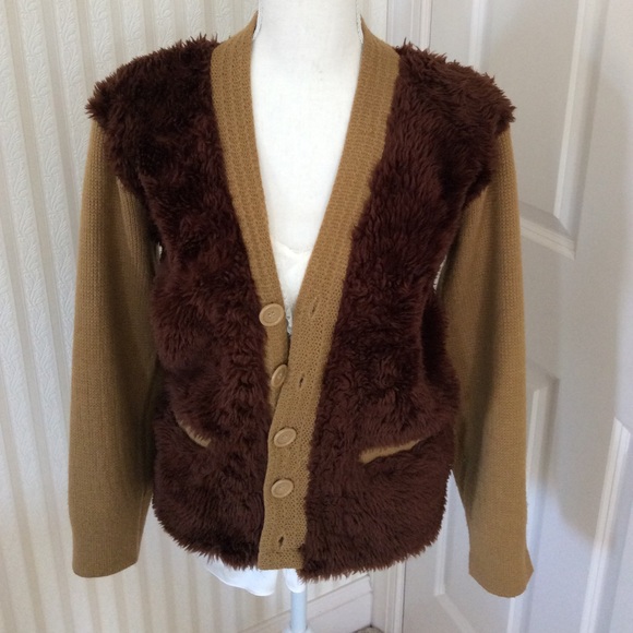 Vintage Sweaters - 1960s Vintage Doles Faux Fur Cardigan Sweater